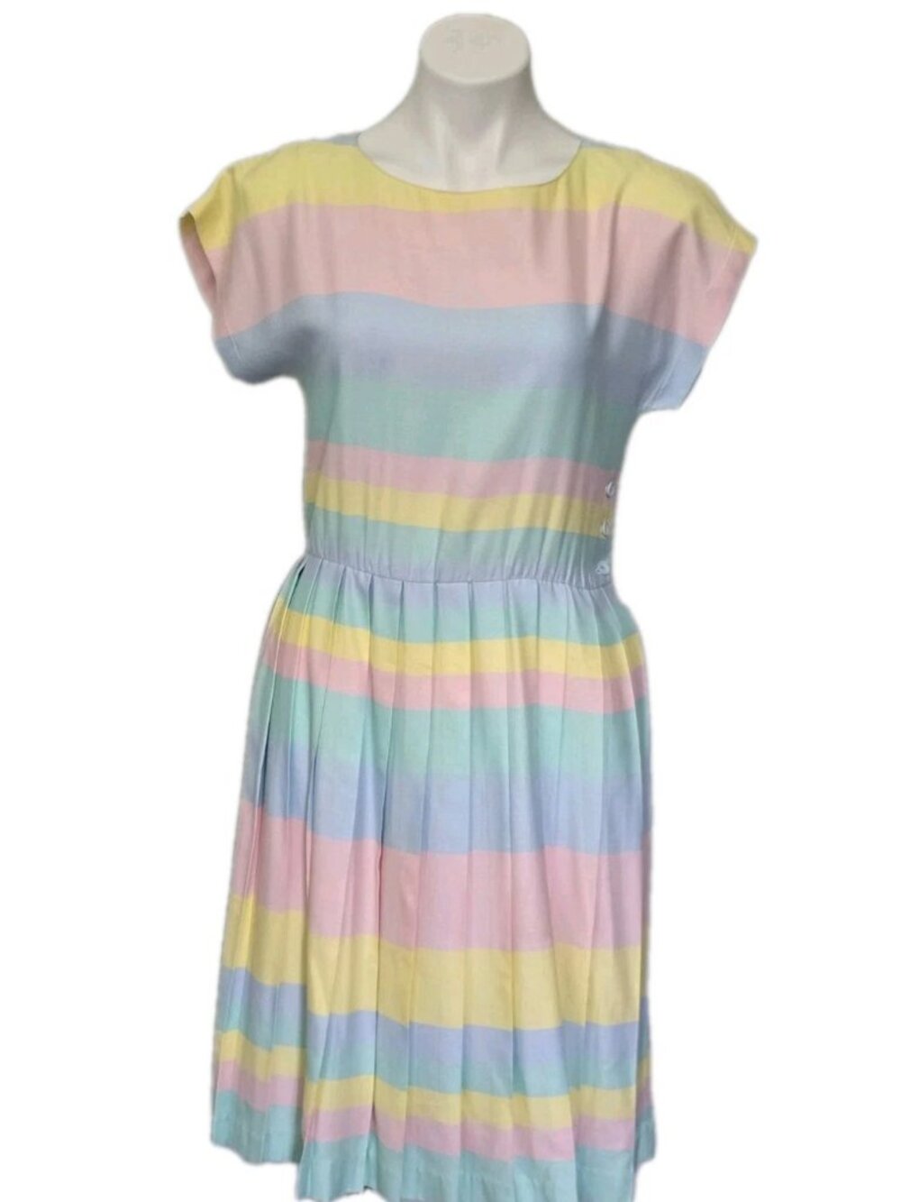 Vintage 1980s Lanz Pastel Candy Rainbow Pleated Summer Dress, 30 in waist